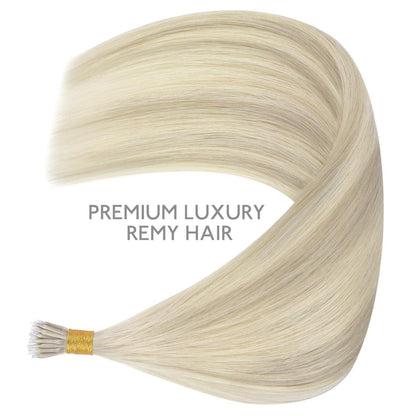 Echthaar Nano Ring Extensions Aschblond Highlights 35cm