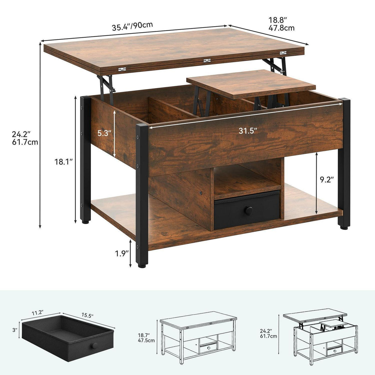 Höhenverstellbarer Couchtisch 4-in-1 mit Stauraum & Lift-Deckel