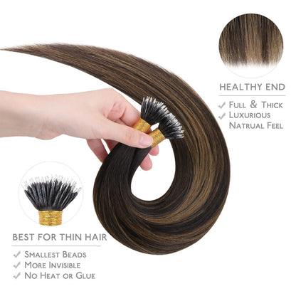 Echthaar Nano Ring Extensions Dunkelbraun-Kastanienbraun 45cm