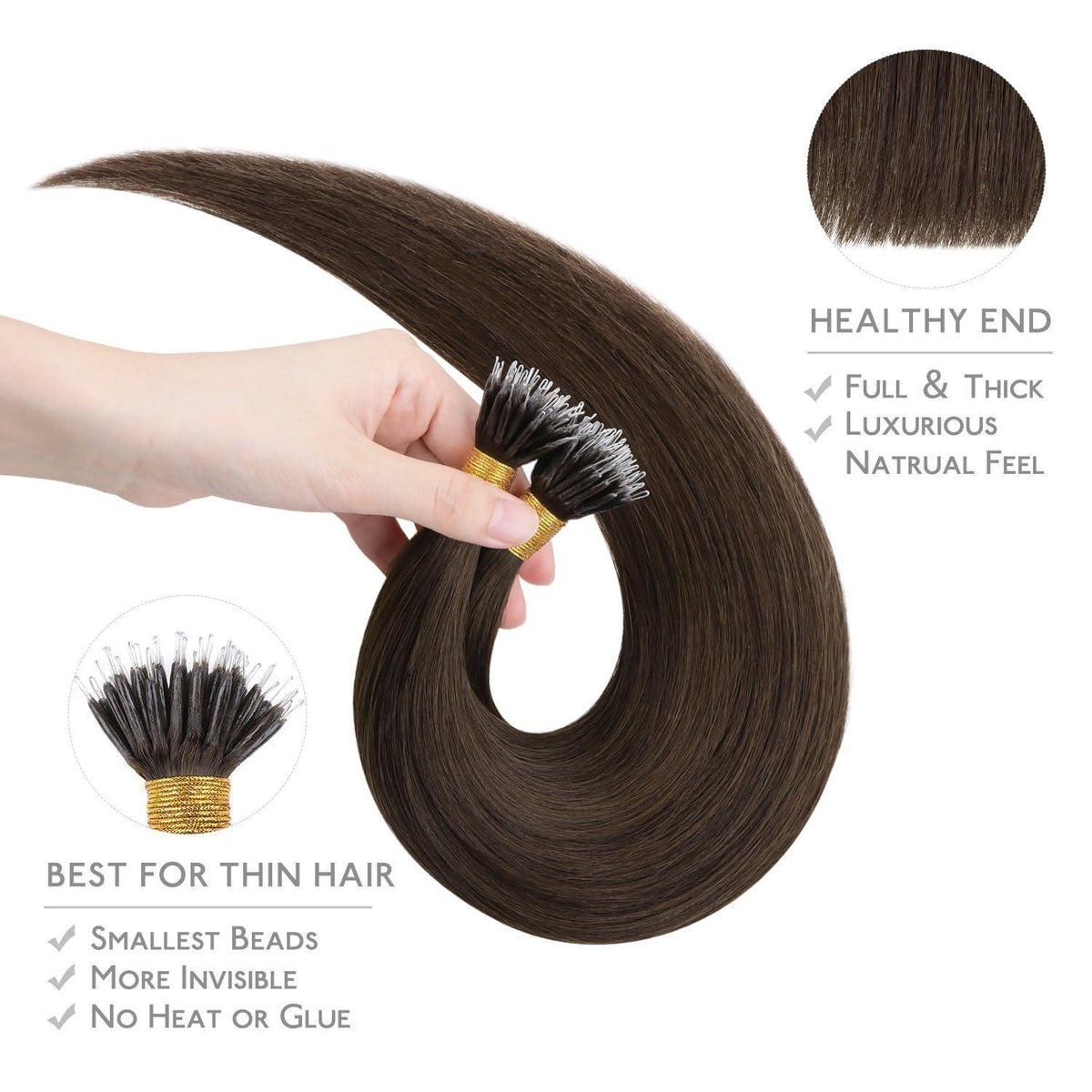 Echthaar Nano Ring Extensions Schokoladenbraun 40cm