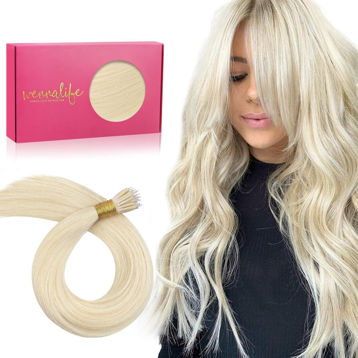 Echthaar Nano Ring Extensions Platinblond 45cm
