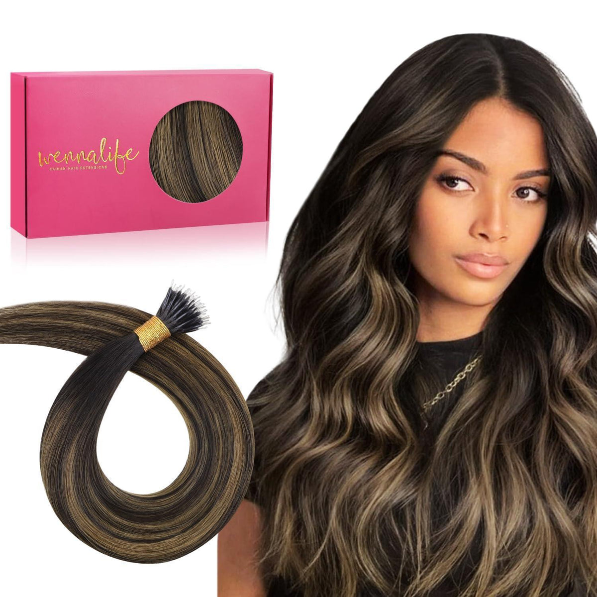 Echthaar Nano Ring Extensions Dunkelbraun-Kastanienbraun