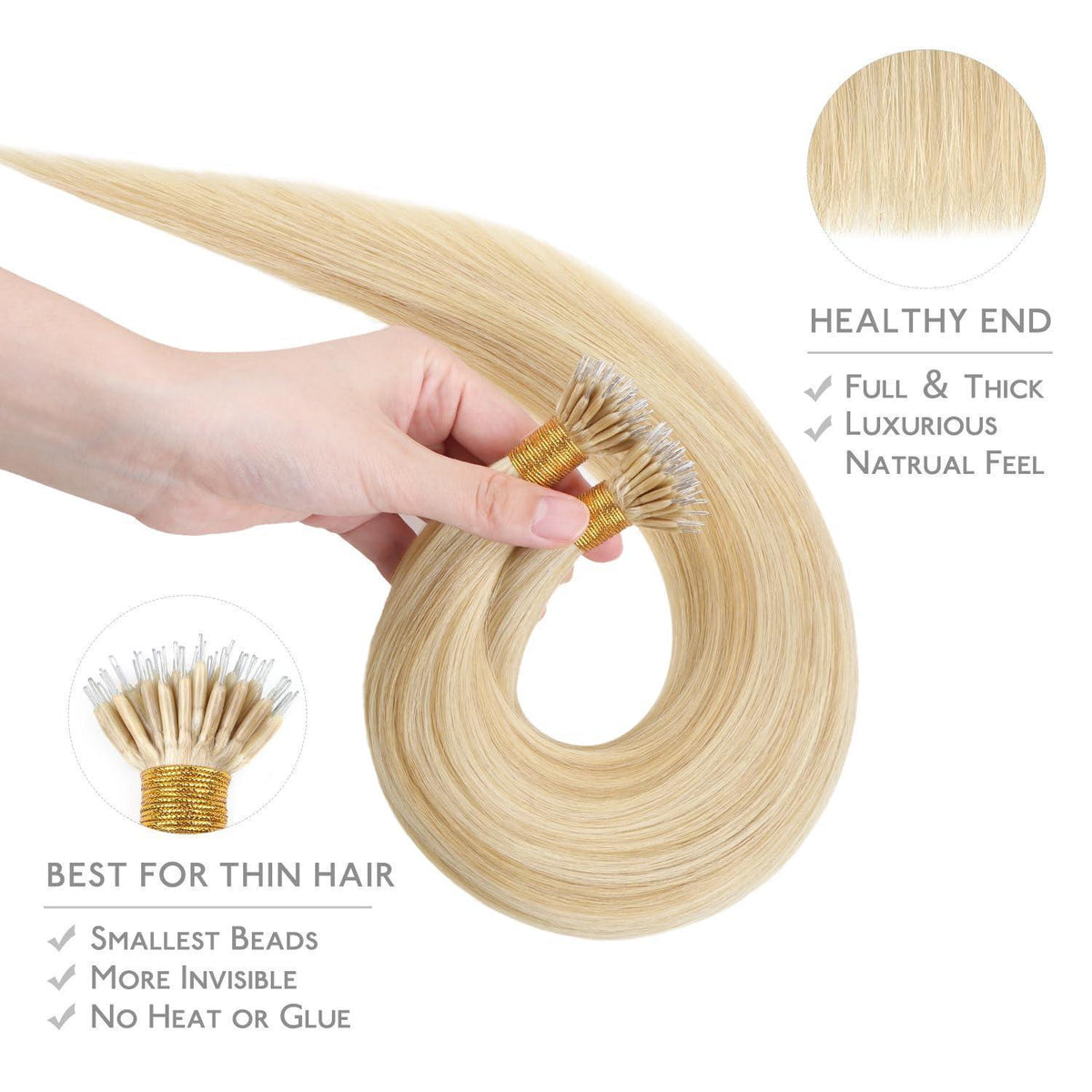 Echthaar Nano Ring Extensions Hellblond mit Gold Highlights 60cm