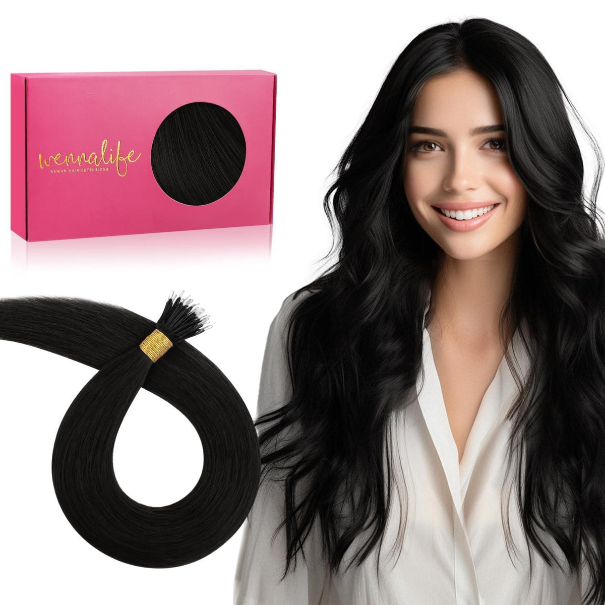 Echthaar Nano Ring Extensions – Tief Schwarz (35cm, 100 Strähnen)