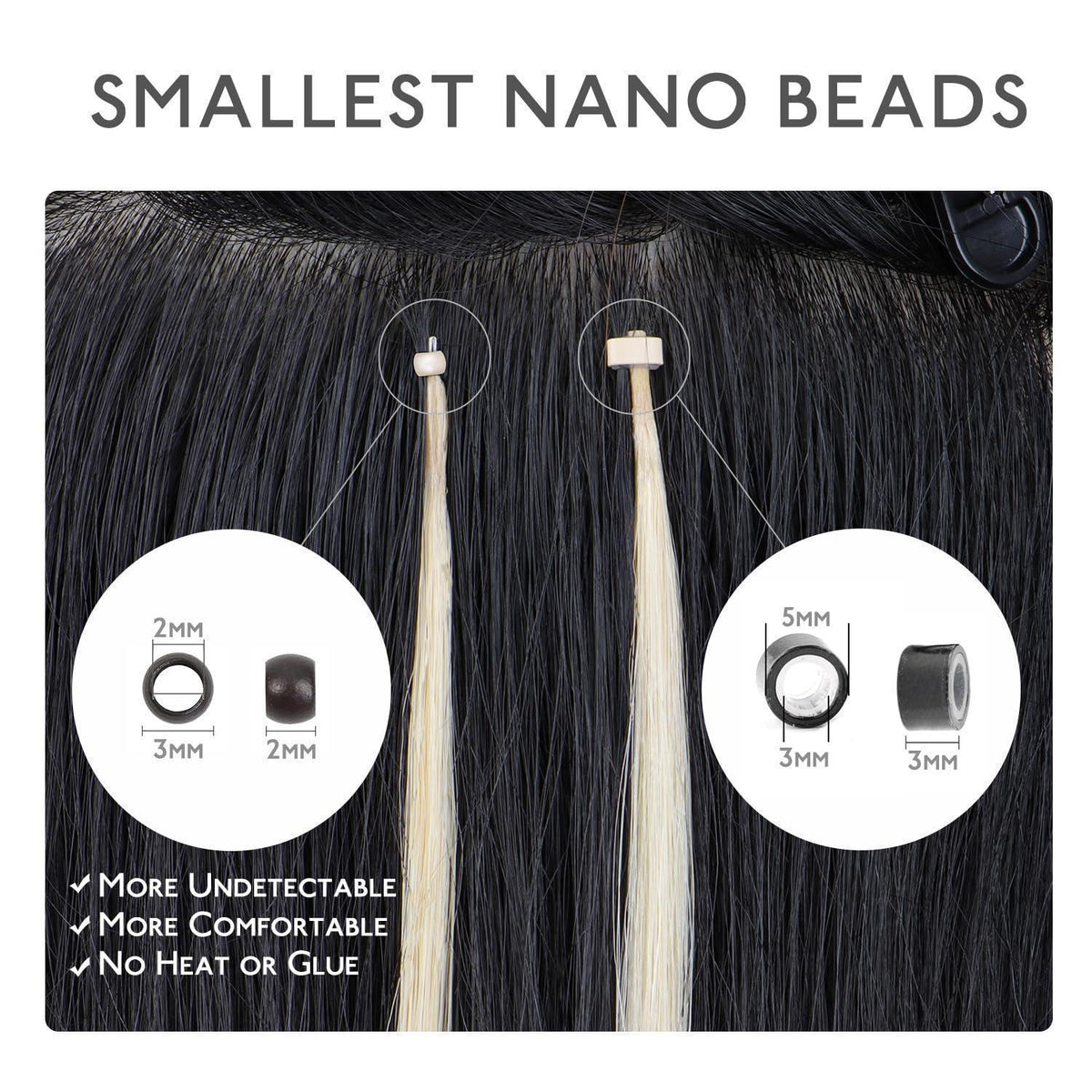 Echthaar Nano Ring Extensions – Tief Schwarz (35cm, 100 Strähnen)