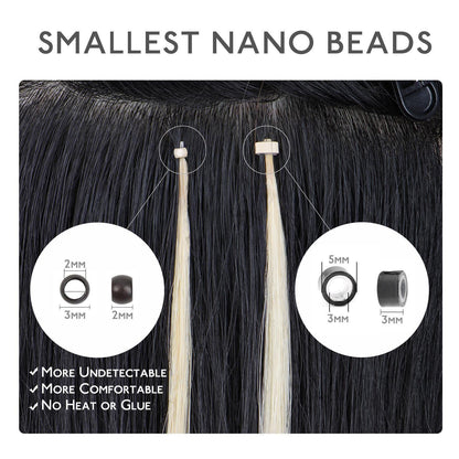 Echthaar Nano Ring Extensions – Tief Schwarz (35cm, 100 Strähnen)