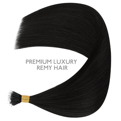 Echthaar Nano Ring Extensions – Tief Schwarz (35cm, 100 Strähnen)