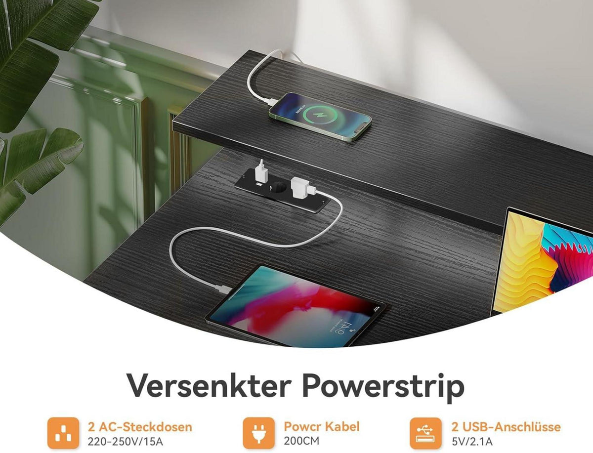 ODK Schreibtisch mit 4 Schubladen und USB Ladeanschluss, Schwarz, 160x52cm