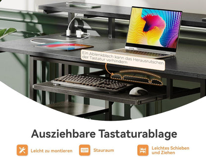 Schreibtisch mit 4 Schubladen, Computertisch mit Steckdosen, USB