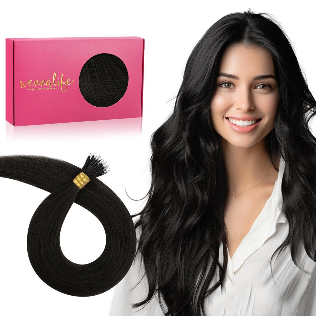 Echthaar Nano Ring Extensions Schwarz 50cm - 50g