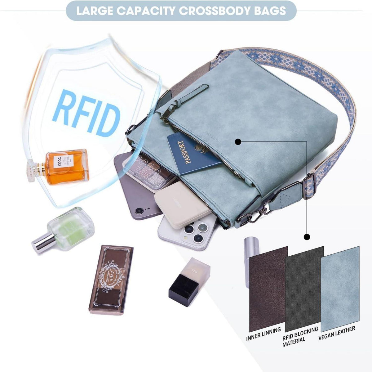 Roulens Damen Umhängetasche RFID Vegan Leder Crossbody Mittelgröße