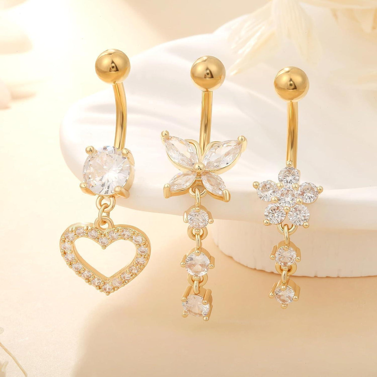 Bauchnabelpiercing Set 5 Stück Chirurgenstahl 10mm Silber Gold Strass Perlen