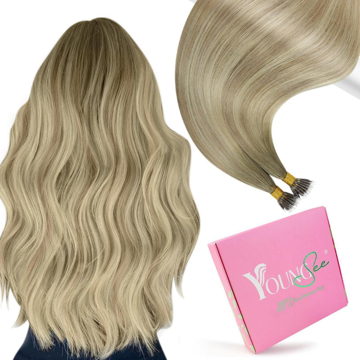 Echthaar Nanoring Extensions Blond Aschblond Platinblond 45cm