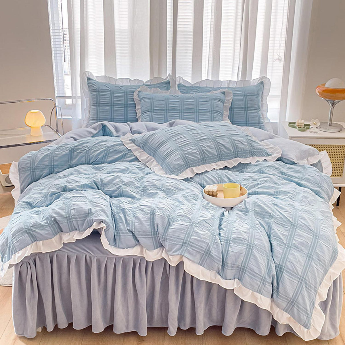 Romantische Seersucker Bettwäsche Set Hellblau 135x200