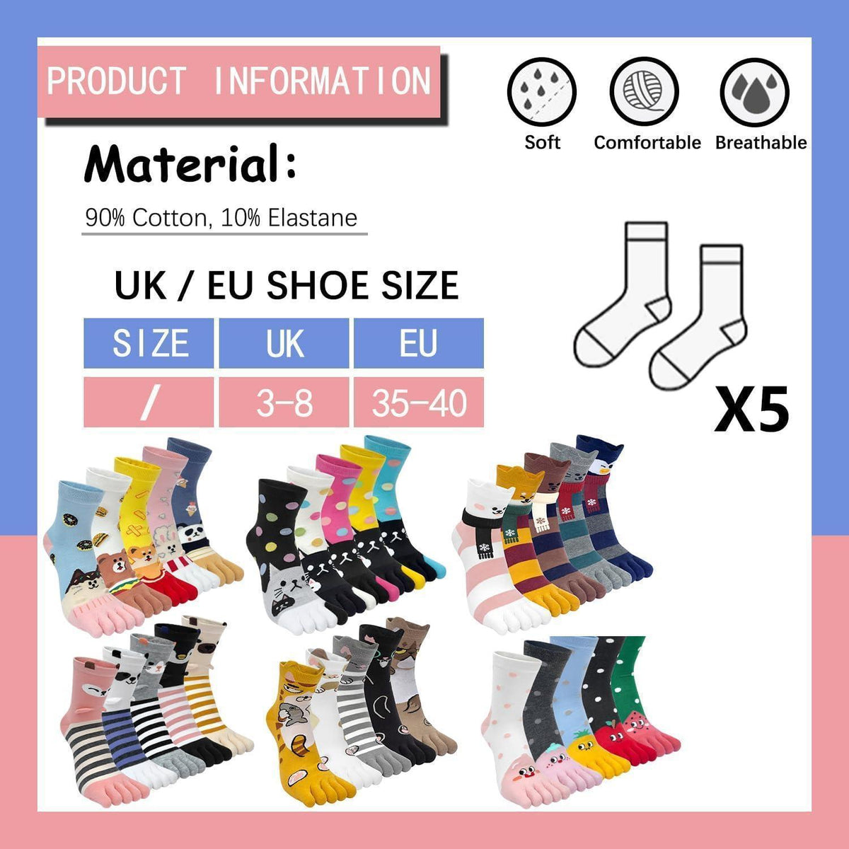 Damen Zehensocken Baumwolle Tier-Obst Muster 5er-Set Größe 35-40