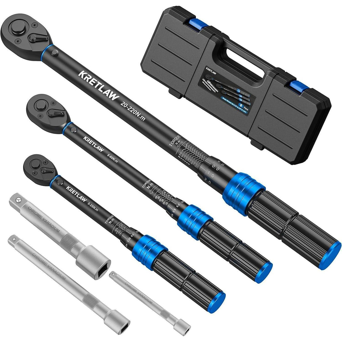 Drehmomentschlüssel Set 6-teilig 1/4" 3/8" 1/2" mit Verlängerungen