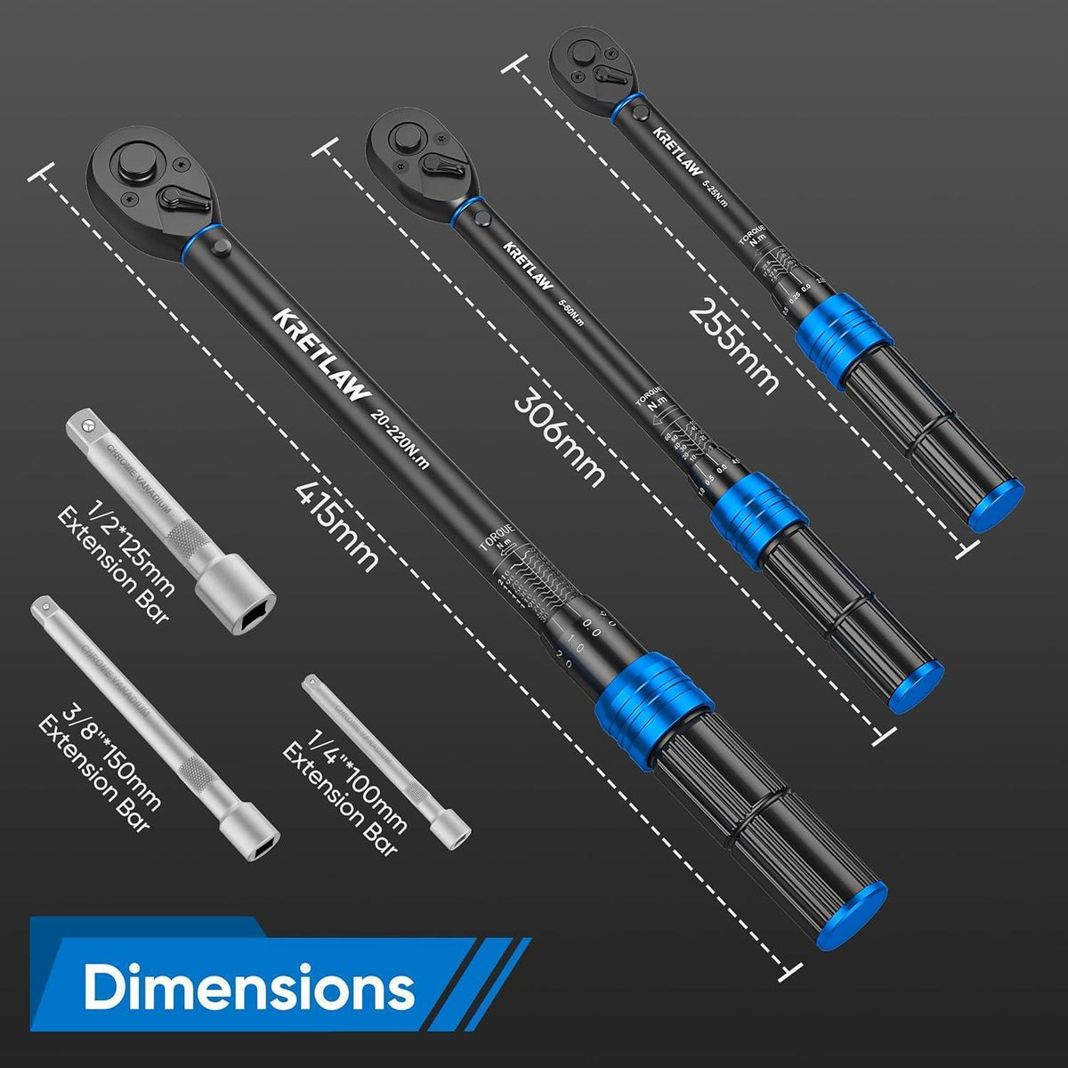 Drehmomentschlüssel Set 6-teilig 1/4" 3/8" 1/2" mit Verlängerungen