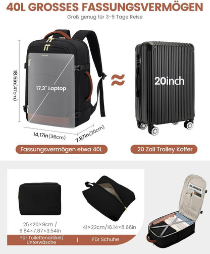 Handgepäck Reiserucksack 40L für 17 Zoll Laptop Schwarz