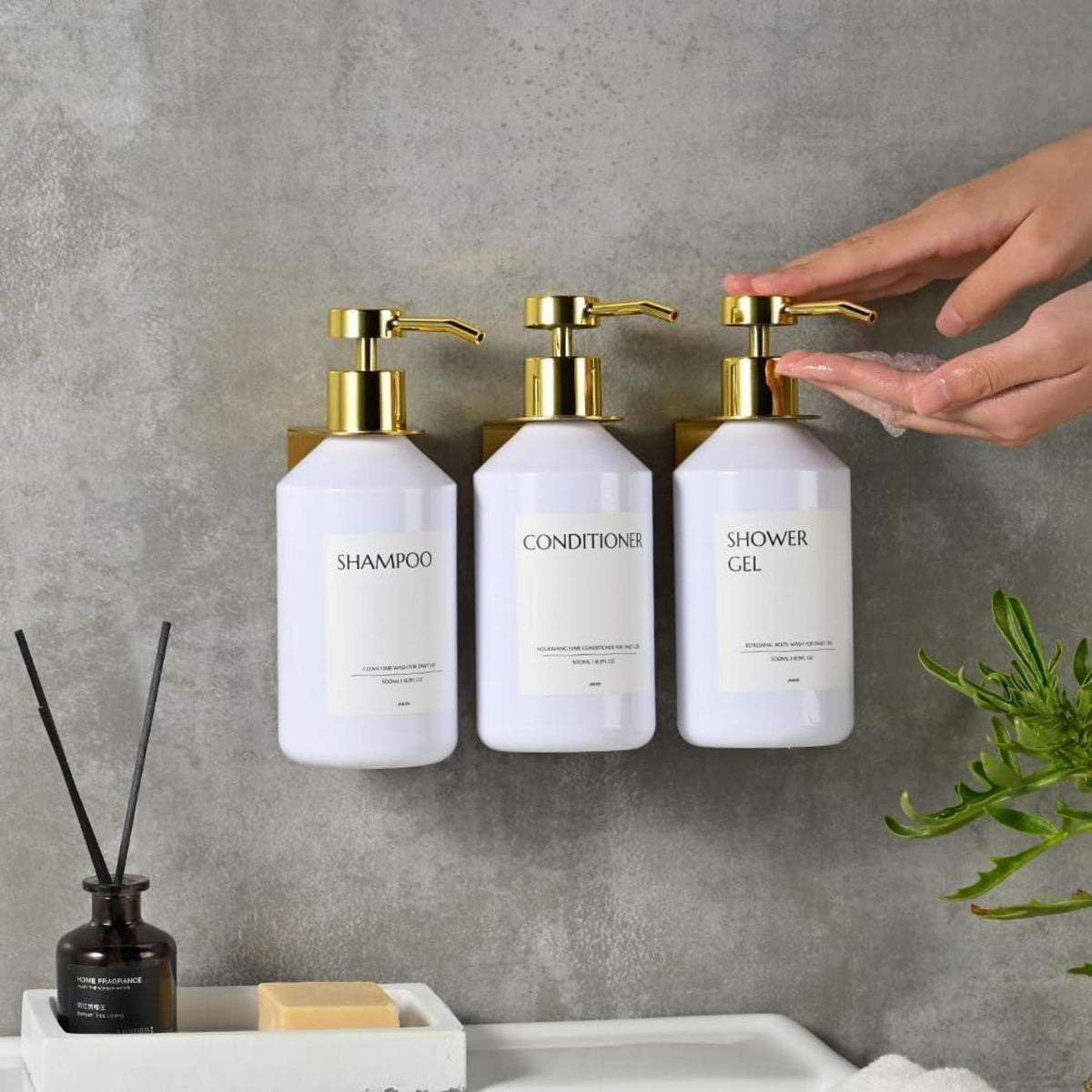 3x Wandmontierter Seifenspender 500ml - Weiß & Gold