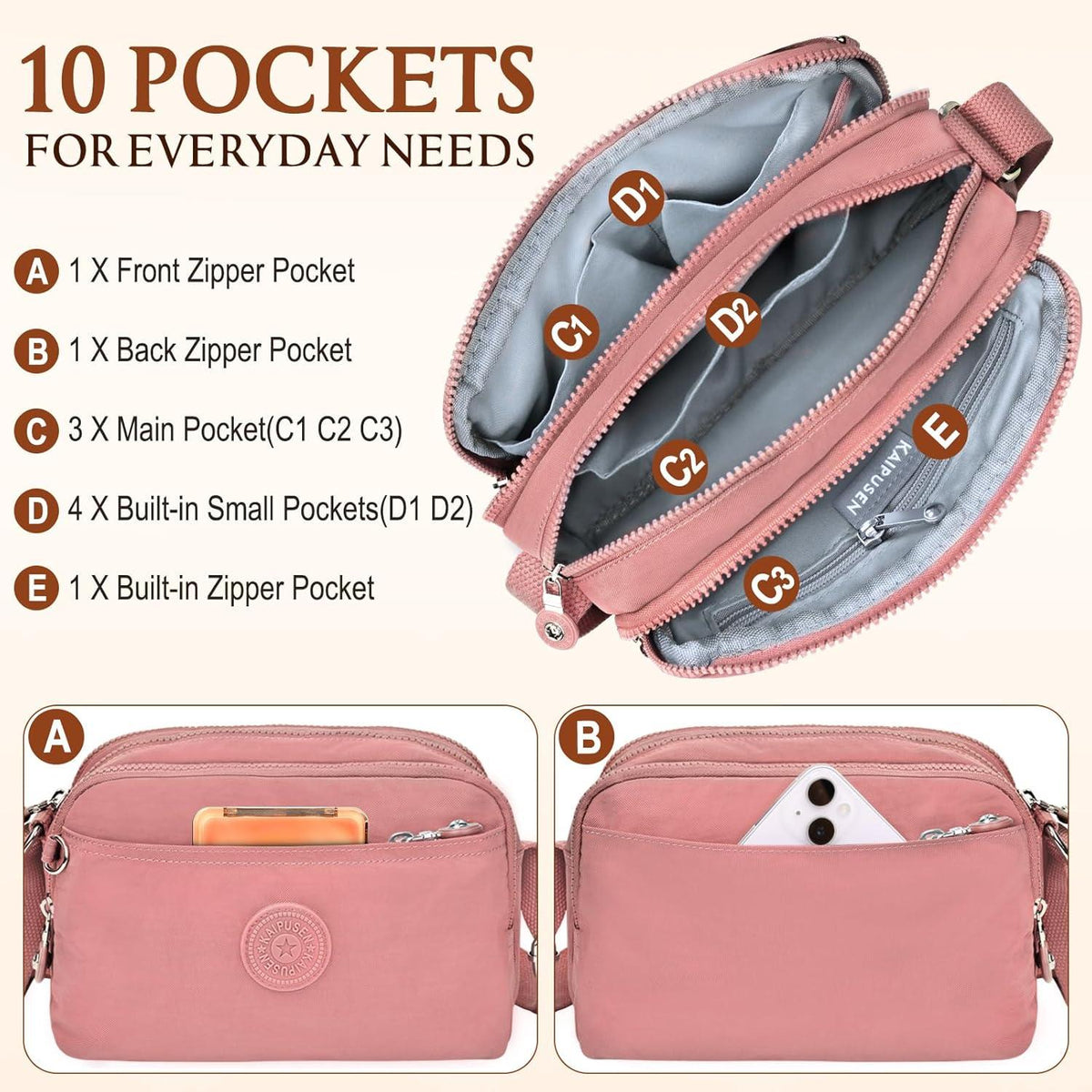 VOBUKE Kleine Umhängetasche Damen Wasserdicht Crossbody Messenger 10 Taschen Grau