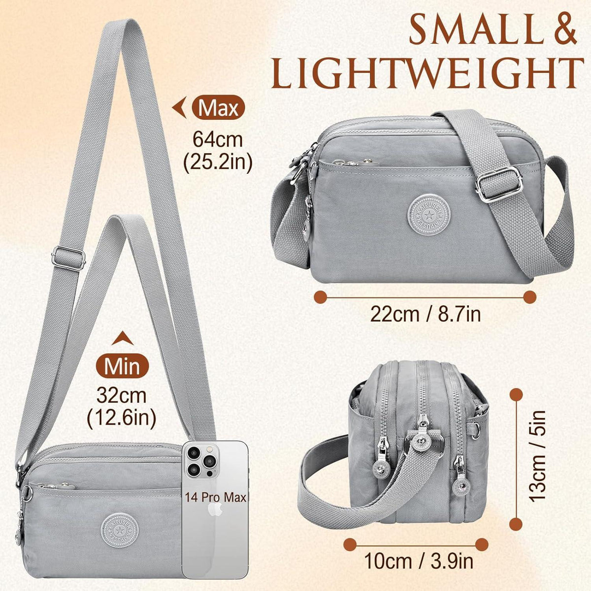 Kleine Umhängetasche Damen Nylon Wasserdicht Crossbody Bag 10 Taschen Beige Grau