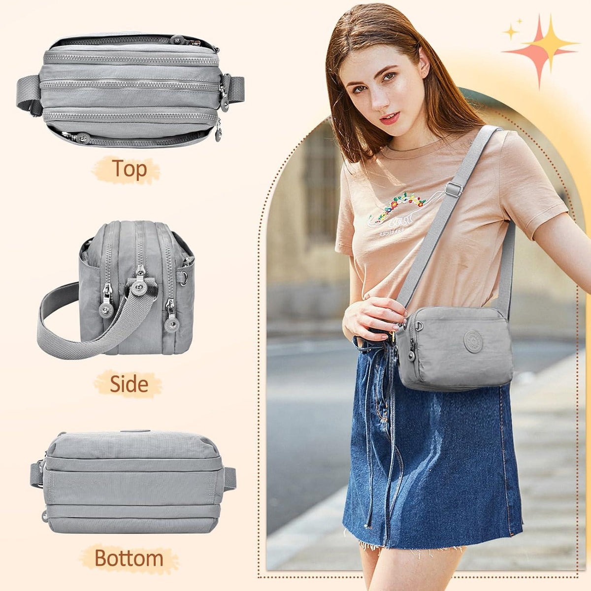Kleine Umhängetasche Damen Nylon Wasserdicht Crossbody Bag 10 Taschen Beige Grau