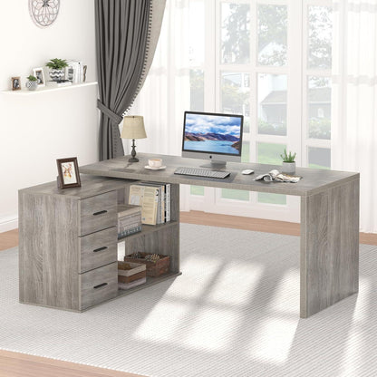 Weißer L-Form Schreibtisch mit Schubladen und Regalen 152x50x76 cm