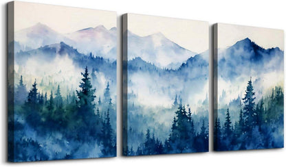 Aquarell Wald Bilder Set Blau Grün Landschaft Schlafzimmer