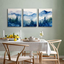 Nebel Wald Aquarell Bilder Set Leinwand Blau Grün Lila 30cm