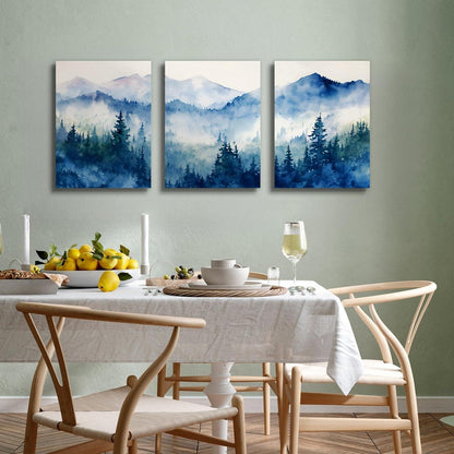 Nebel Wald Aquarell Bilder Set Leinwand Blau Grün Lila 30cm