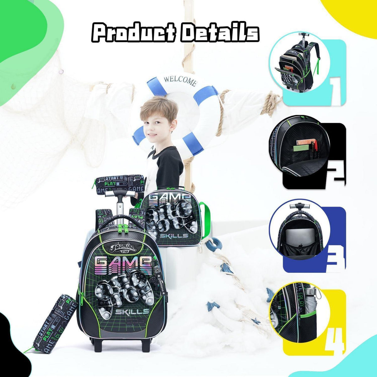 Rollrucksack für Mädchen 6-8 Jahre – Mintgrünes Koffer-Set