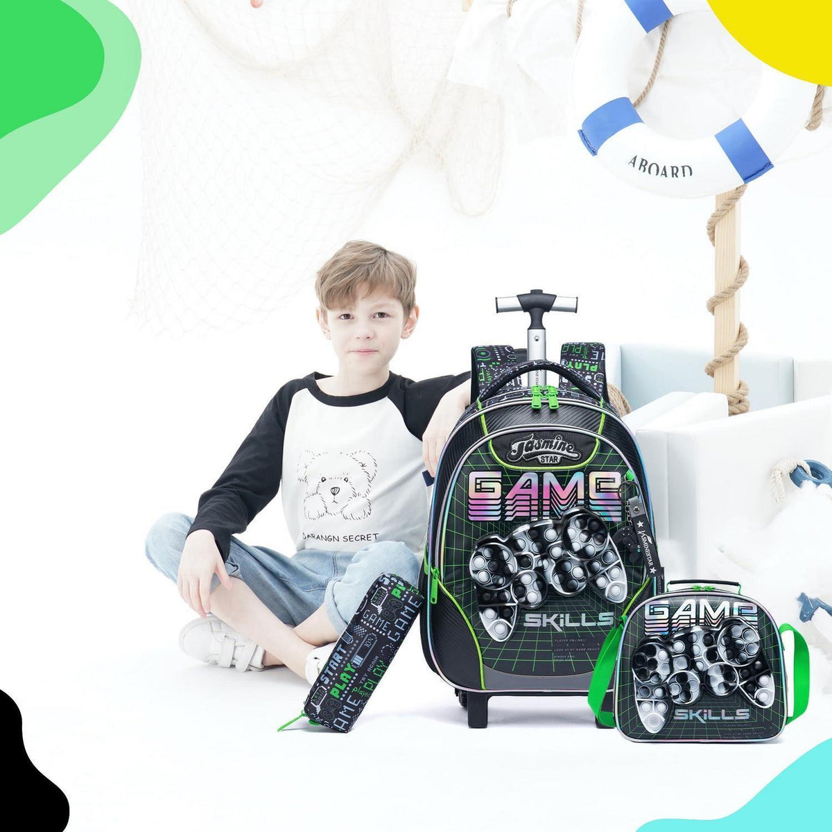 Rollrucksack für Mädchen 6-8 Jahre – Mintgrünes Koffer-Set