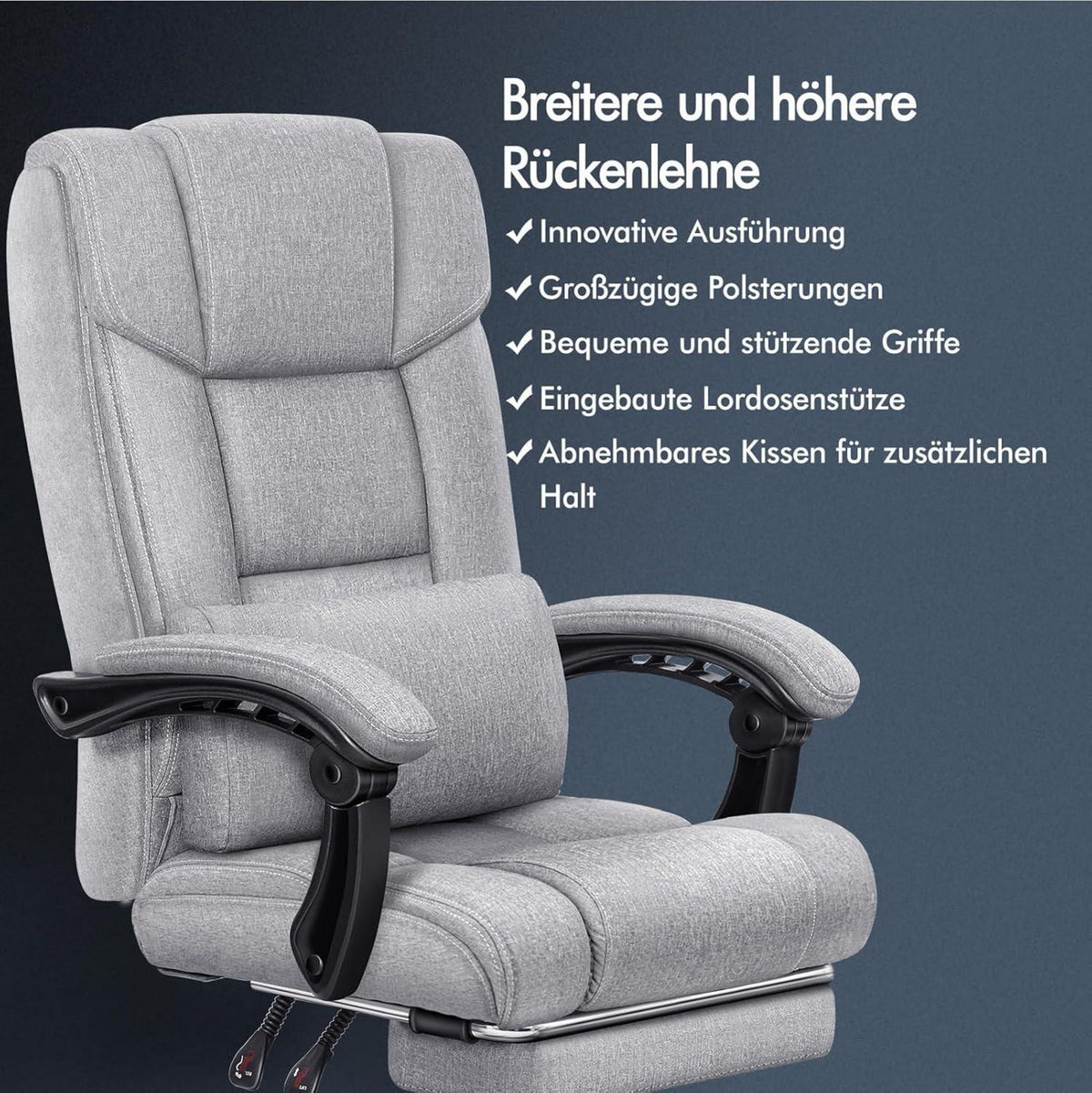 ALFORDSON Bürostuhl mit Lendenwirbelstütze, High Back, Fußstütze, Leinenstoff, Grau