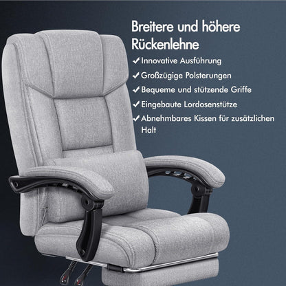 ALFORDSON Bürostuhl mit Lendenwirbelstütze, High Back, Fußstütze, Leinenstoff, Grau