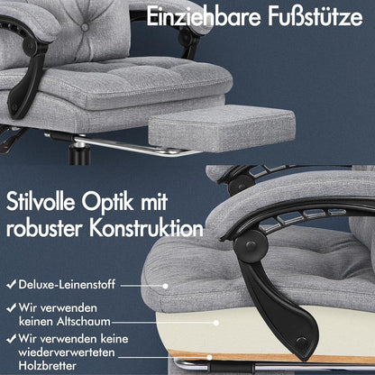ALFORDSON Großer Bürostuhl mit Neigung und Drehung, Fußstütze, Leinenstoff, Grau