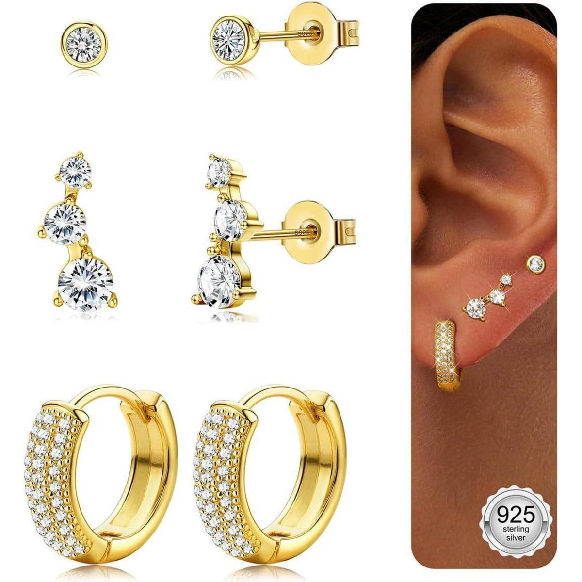 3 Paar Ohrringe Silber & Gold 925 Sterling Silber Creolen & Stecker