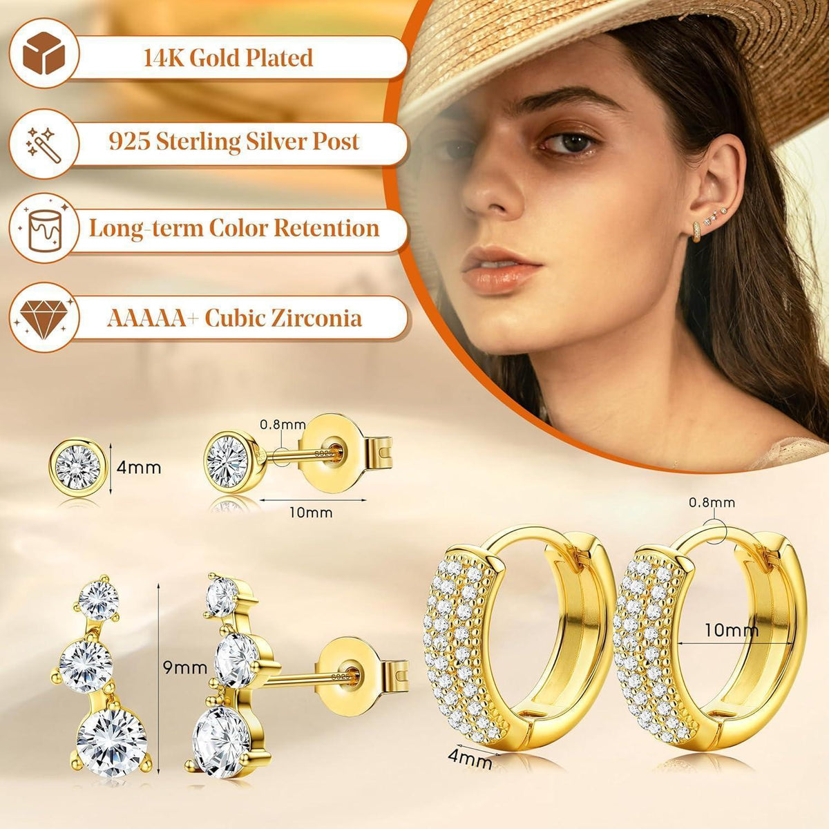 3 Paar Ohrringe Silber & Gold 925 Sterling Silber Creolen & Stecker