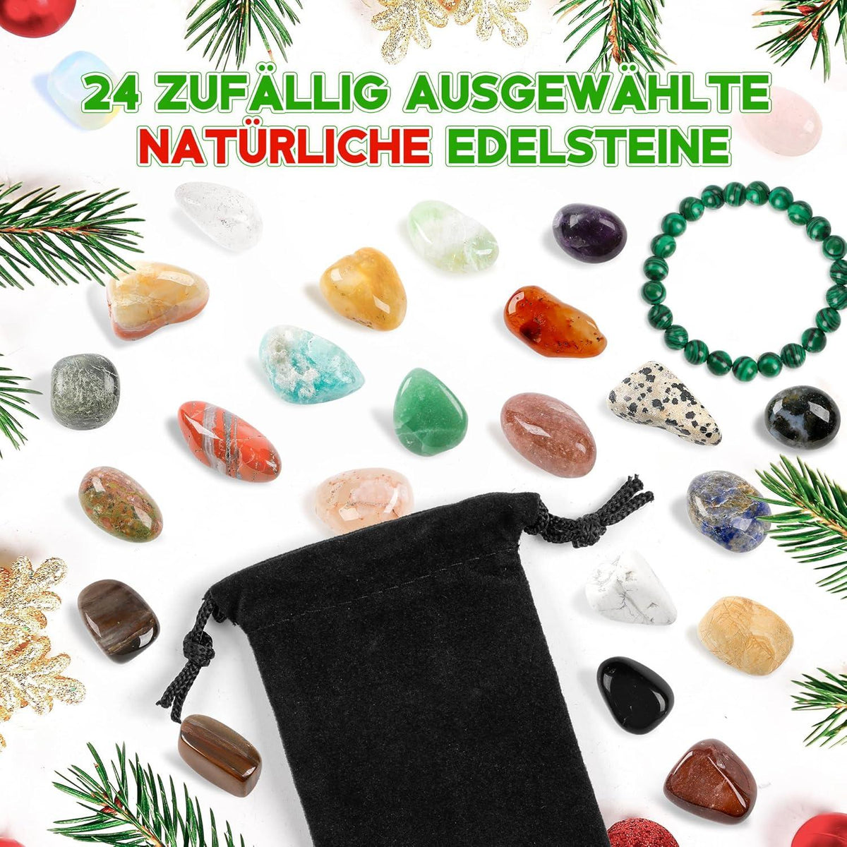 Weihnachtskalender 2024 mit Edelsteinen für Kinder, 24 Tage Kristalle Mädchen