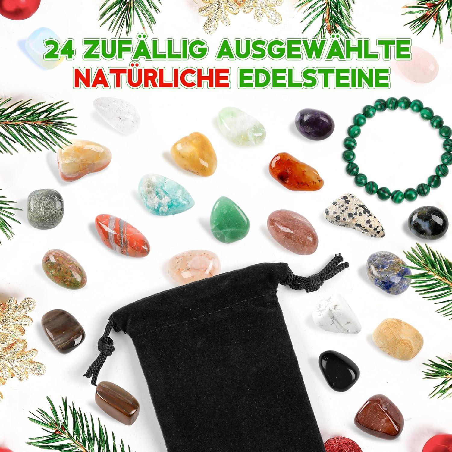 Weihnachtskalender 2024 mit Edelsteinen für Kinder, 24 Tage Kristalle Mädchen