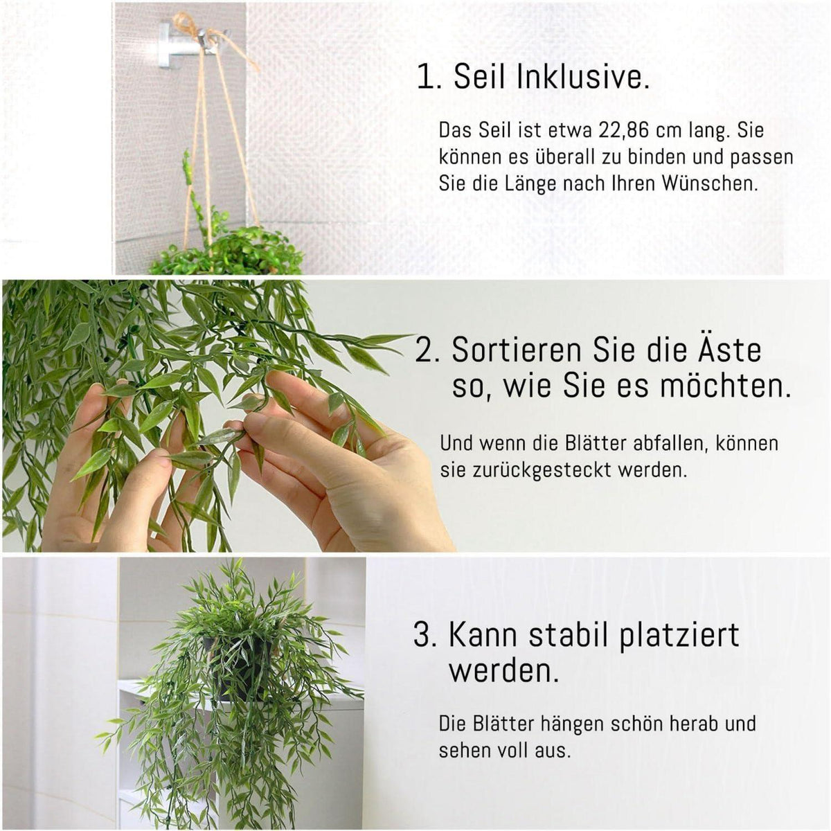 Künstliche Hängepflanzen 3er Set im schwarzen Topf, lebensecht & pflegeleicht
