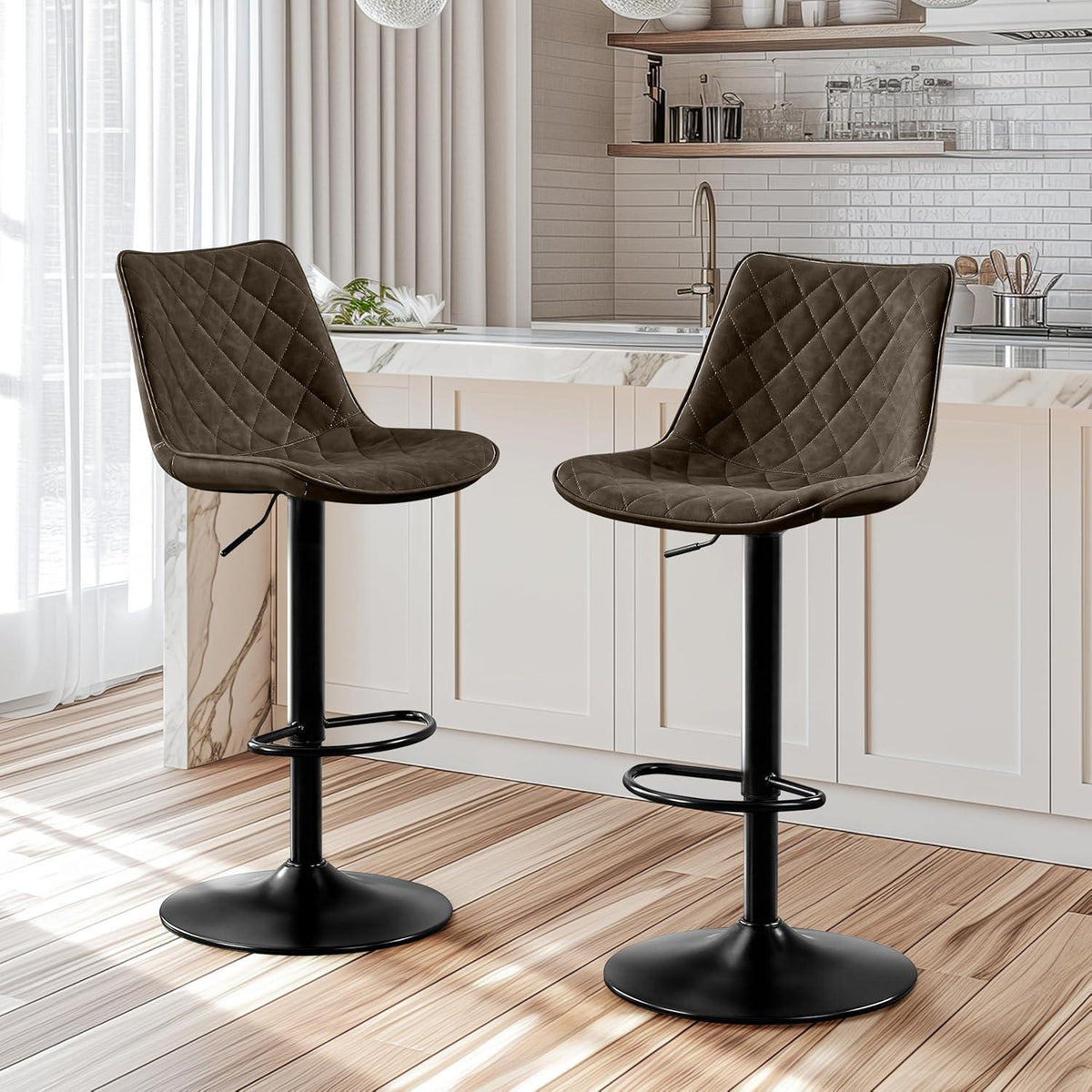 Verstellbarer Barhocker Set Braun – Mikrofaserleder & Lehne