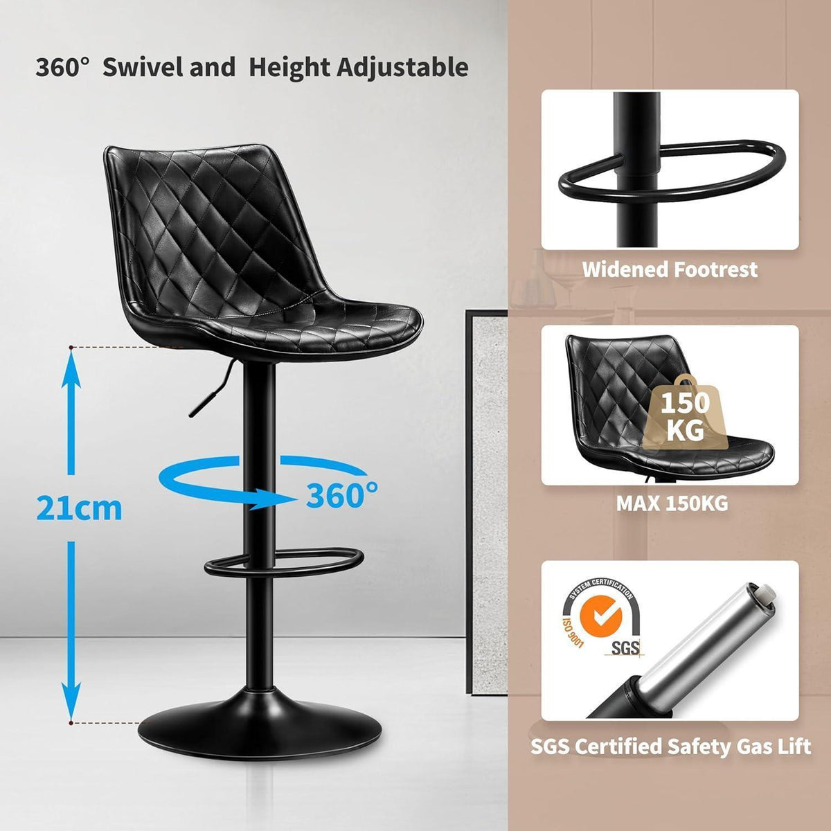 Verstellbarer Barhocker in Lederoptik & Fußstütze – 2er Set