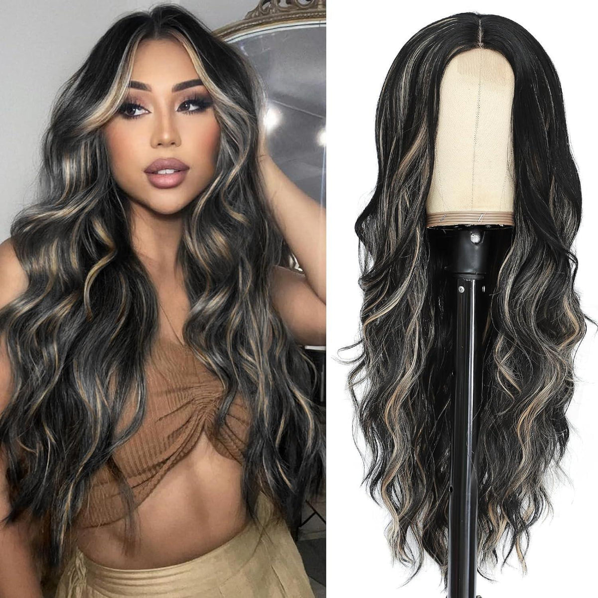 Lange Wellige Perücke Schwarz Blond Highlights 66cm