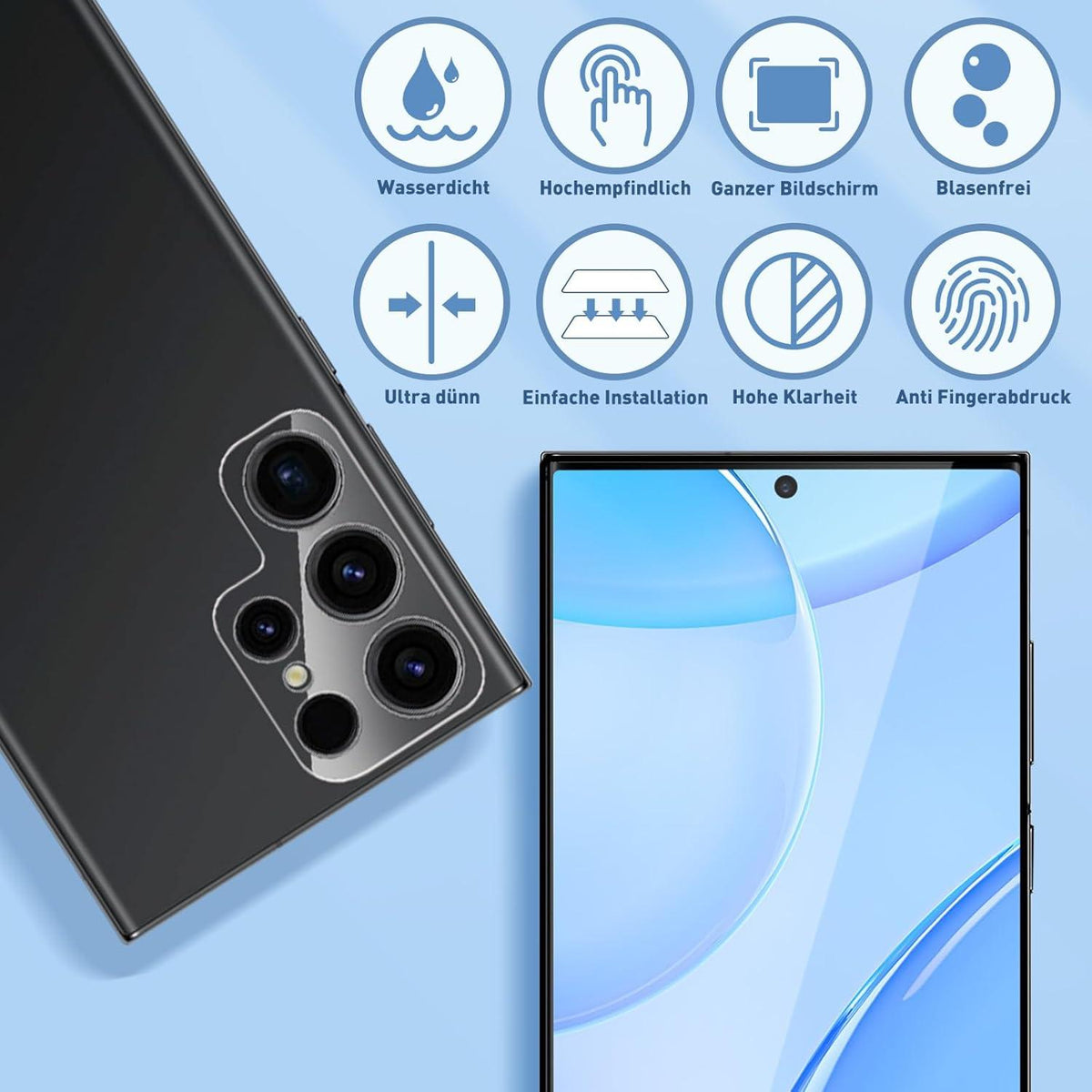 Panzerglasfolie 2er Set für Samsung Galaxy S24 Ultra Kameraschutz 9H