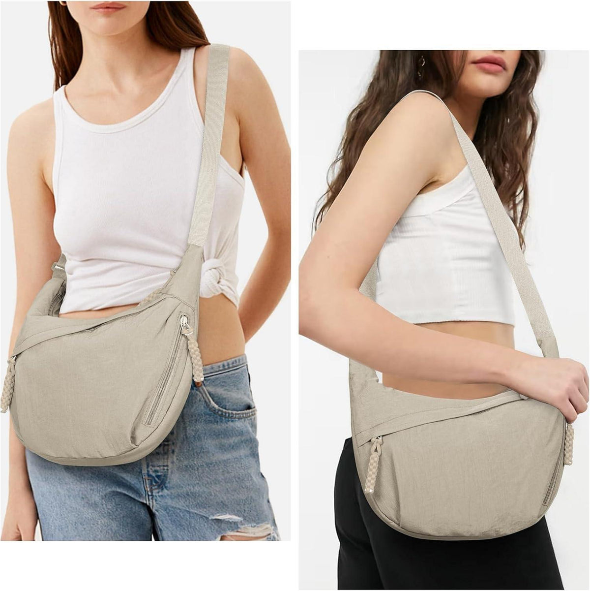 Damen Nylon Umhängetasche Halbmond Schultertasche Beige