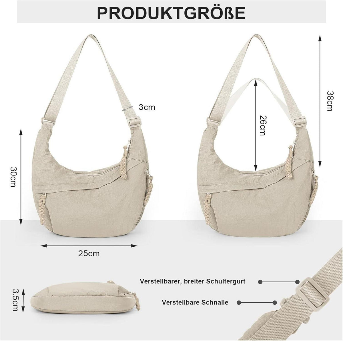 Moon Bag Crossbody Damen Groß Nylon Halbmond Tasche Beige
