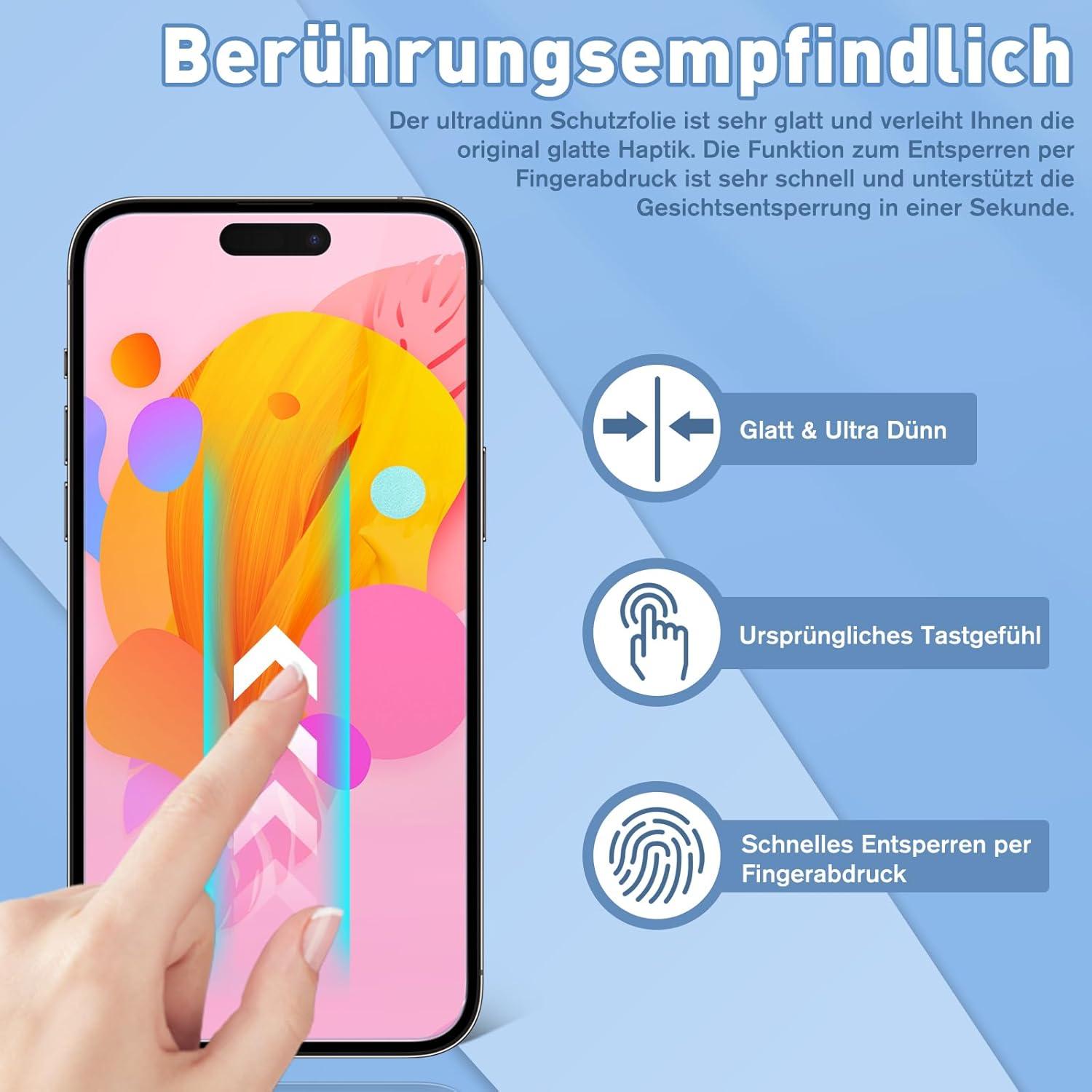 2er Set Panzerglasfolie für iPhone 15 Pro, HD 9H Schutzfolie Schutzglas