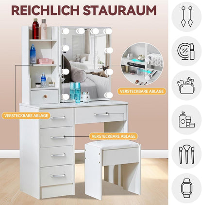 Schminktisch mit LED Beleuchtung und Schubladen, Weiß, 80x130x36 cm