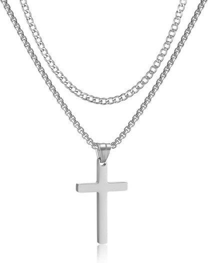 Kreuz Kette Herren Edelstahl Silber Gold Schwarz Layered Kubanische