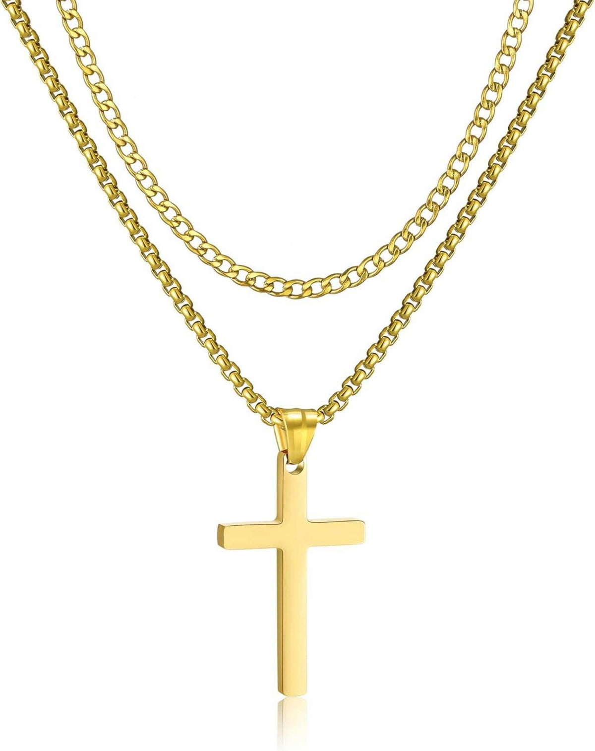 Layered Kreuz Halskette Edelstahl Kubanische Anhänger 18/20 Gold